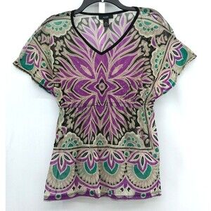 Alfani Shirt Womens Petite Large Purple V-Neck Beaded Sheer Pullover Blouse Top